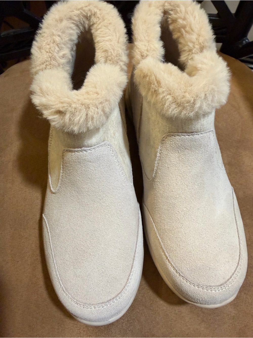 Skechers Cream Suede Plush-Collar Slip-On Booties